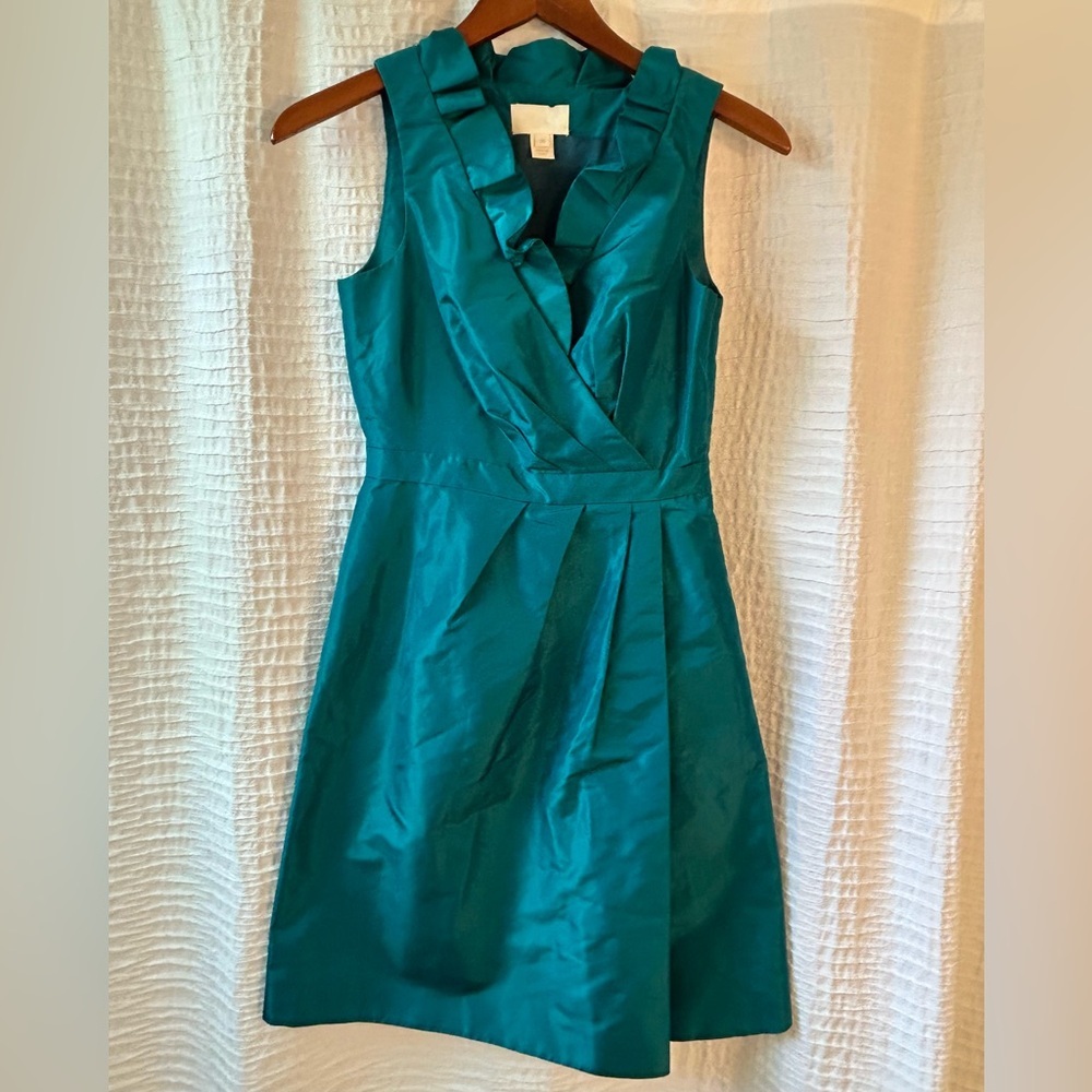 J. Crew Teal Sleeveless Ruffle V-Neck Sheath Dress